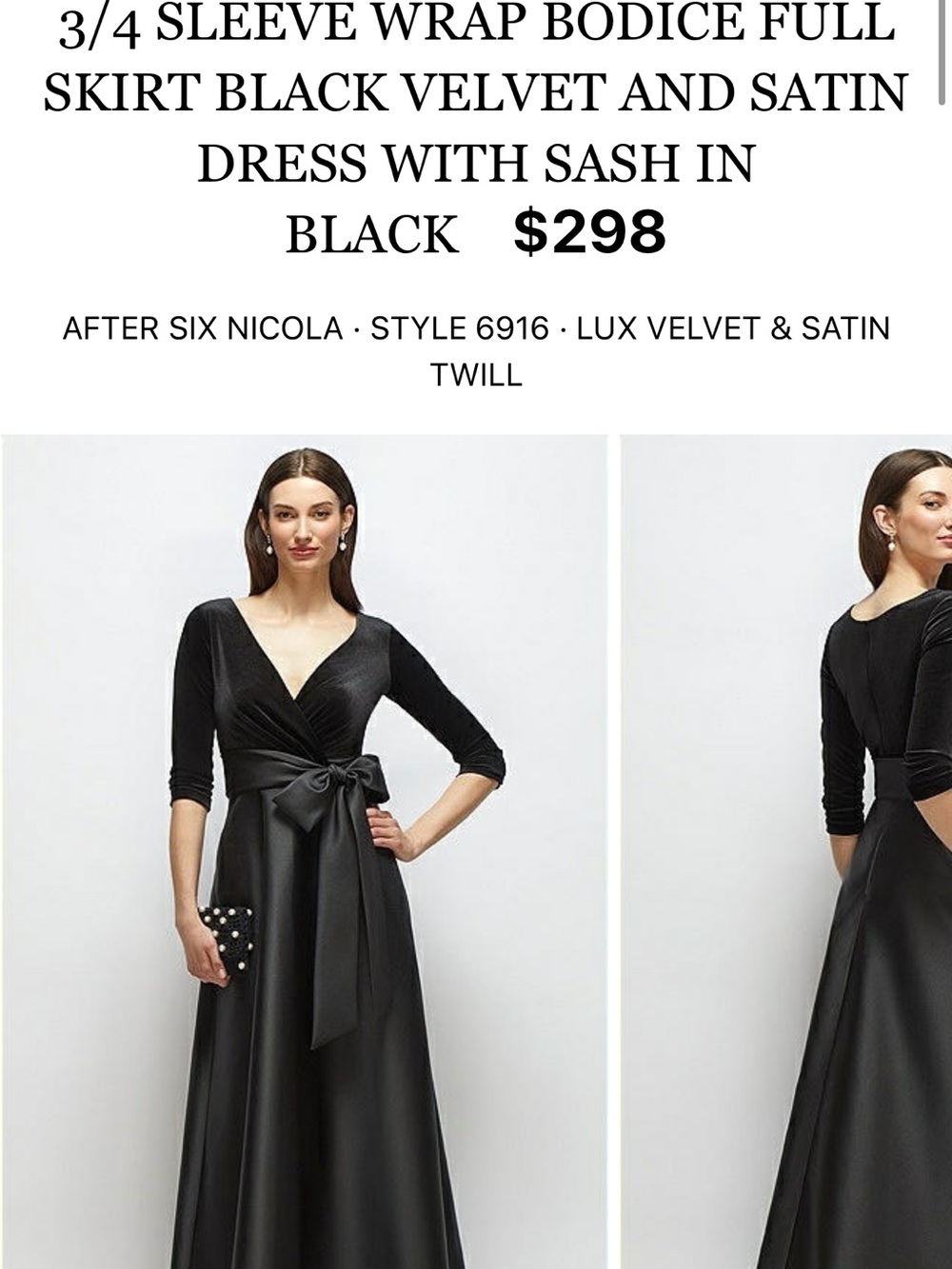 After Six Black Velvet Bodice Satin Skirt Long Sleeve Gown with Sash